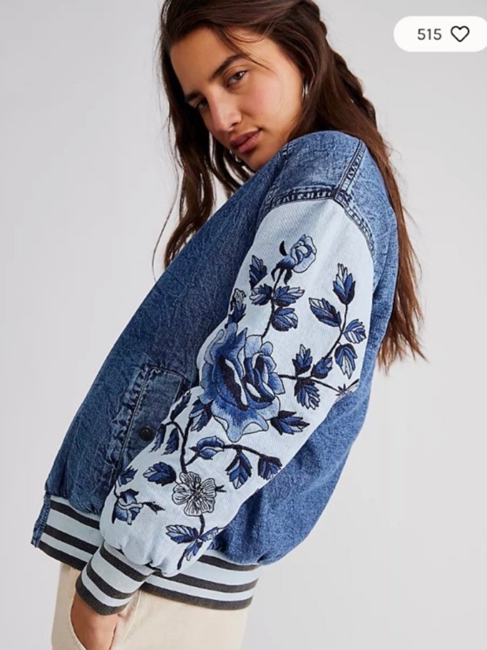 Free People team spirit Embroidered Blue Denim Bomber Jacket size S